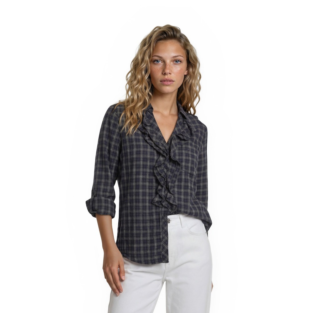 Express Plaid Ruffle Front Blouse Top Women's Size Large Navy Grey Silver